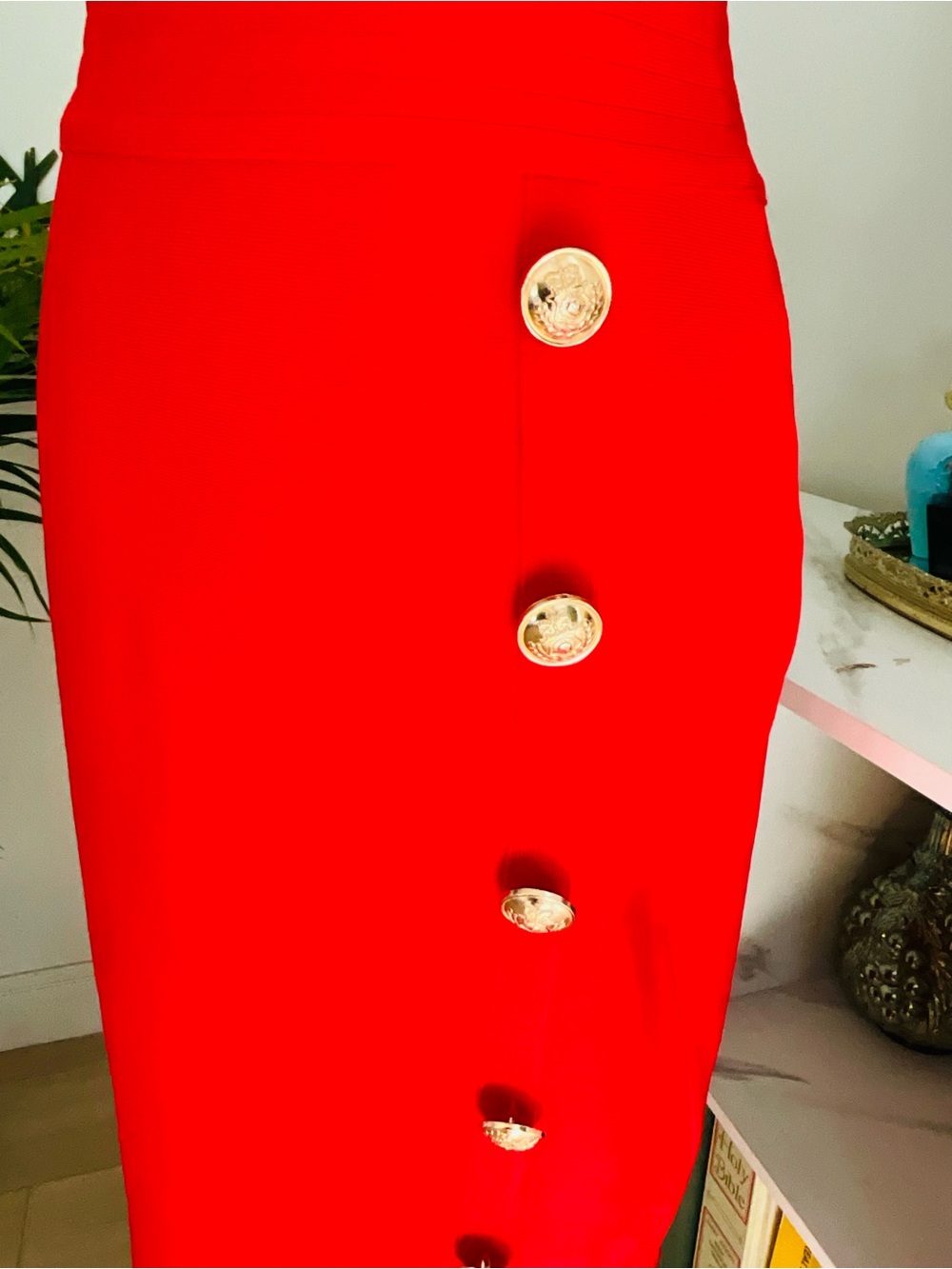 Red Gold Button Pencil Skirt - Picture 13 of 14